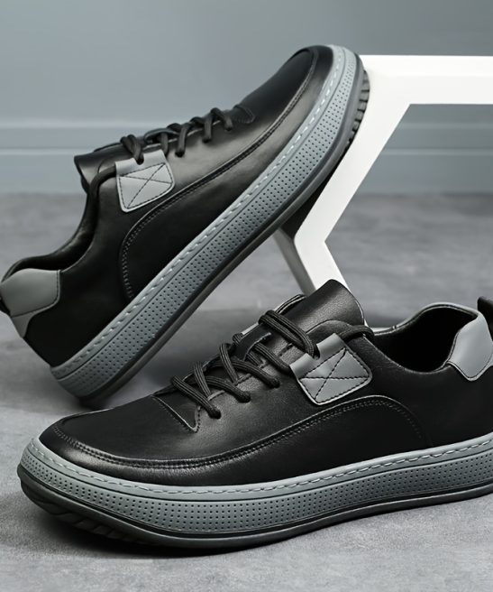 Men'S Genuine Leather Casual Fashion Sneakers, Preppy Sports Style, Solid Color, All-Season, Lace-Up Low Top Shoes with Round Toe, Rubber Sole, Synthetic Insole, for Hiking, Outdoor, Daily & Casual Wear - Image 4