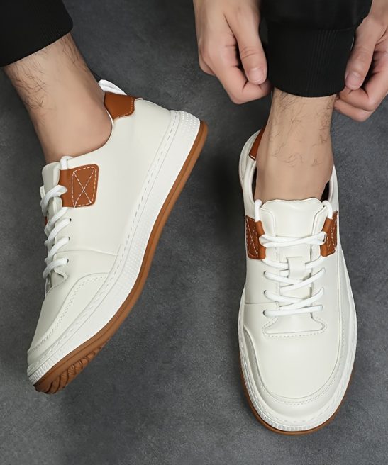 Men'S Genuine Leather Casual Fashion Sneakers, Preppy Sports Style, Solid Color, All-Season, Lace-Up Low Top Shoes with Round Toe, Rubber Sole, Synthetic Insole, for Hiking, Outdoor, Daily & Casual Wear - Image 3