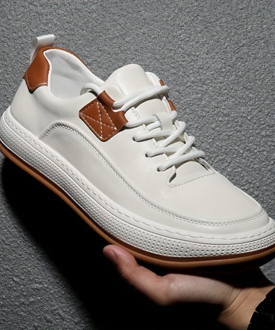Men'S Genuine Leather Casual Fashion Sneakers, Preppy Sports Style, Solid Color, All-Season, Lace-Up Low Top Shoes with Round Toe, Rubber Sole, Synthetic Insole, for Hiking, Outdoor, Daily & Casual Wear - Image 5