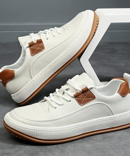 Men'S Genuine Leather Casual Fashion Sneakers, Preppy Sports Style, Solid Color, All-Season, Lace-Up Low Top Shoes with Round Toe, Rubber Sole, Synthetic Insole, for Hiking, Outdoor, Daily & Casual Wear - Image 8