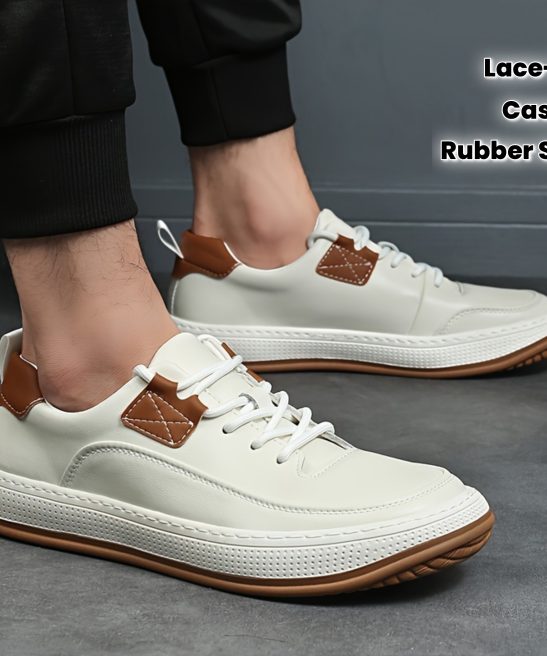 Men'S Genuine Leather Casual Fashion Sneakers, Preppy Sports Style, Solid Color, All-Season, Lace-Up Low Top Shoes with Round Toe, Rubber Sole, Synthetic Insole, for Hiking, Outdoor, Daily & Casual Wear