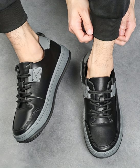 Men'S Genuine Leather Casual Fashion Sneakers, Preppy Sports Style, Solid Color, All-Season, Lace-Up Low Top Shoes with Round Toe, Rubber Sole, Synthetic Insole, for Hiking, Outdoor, Daily & Casual Wear - Image 7