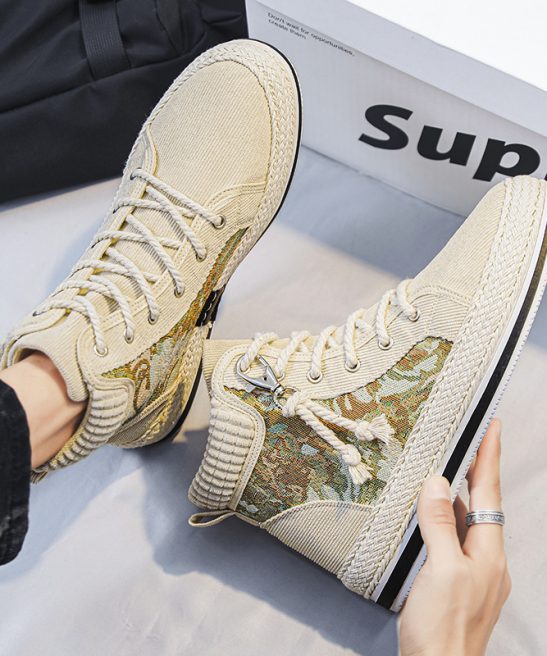 Men'S Casual Shoes Featuring Woven Straw And a High-Top Canvas Design, Inspired by Korean Fashion Trends, Perfect for Year-Round Wear - Image 5
